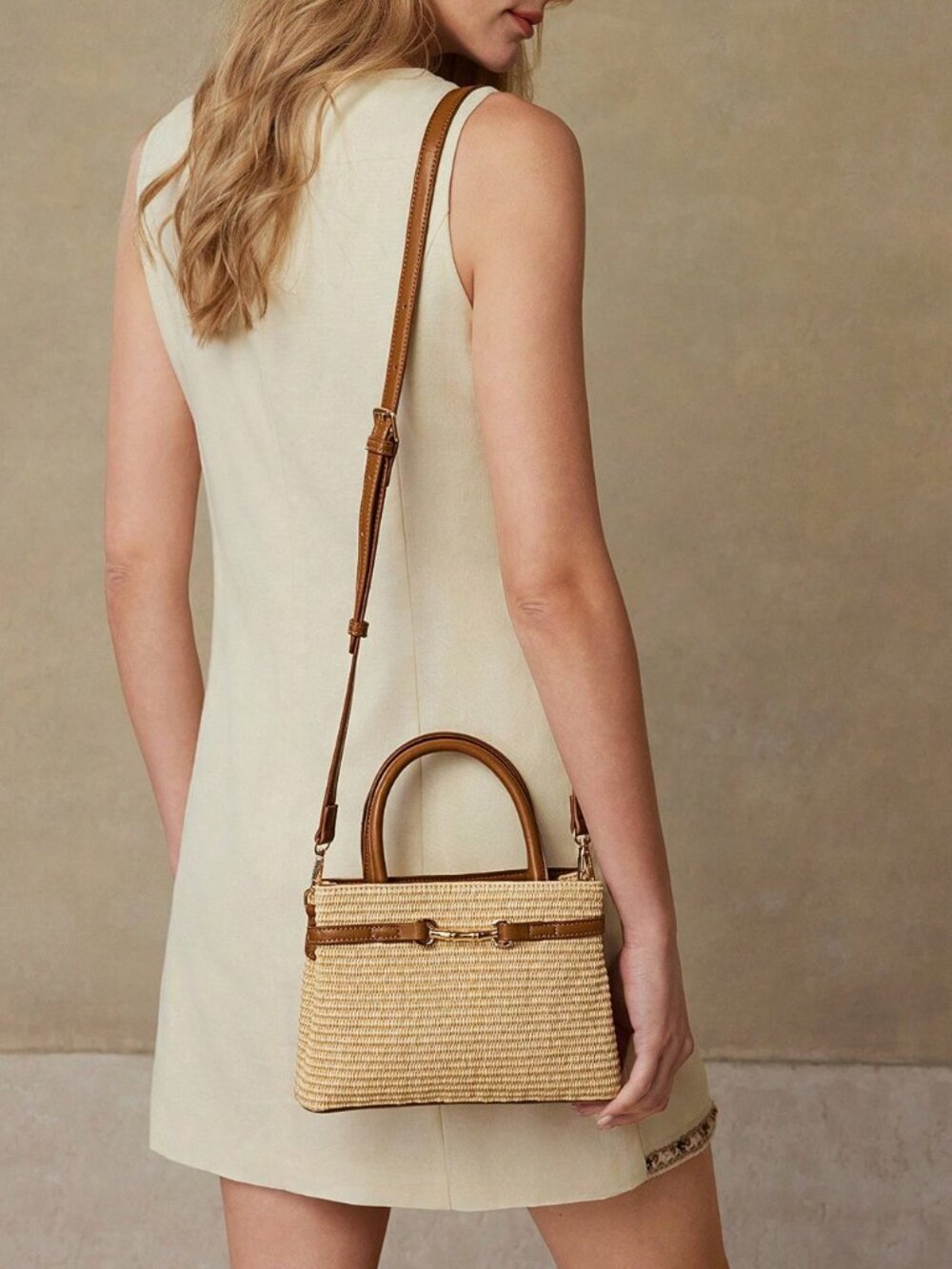 Khaki Elegant Women's Premium faux leather Contrast Trim Top Handle Office Tote - Picture 6 of 8